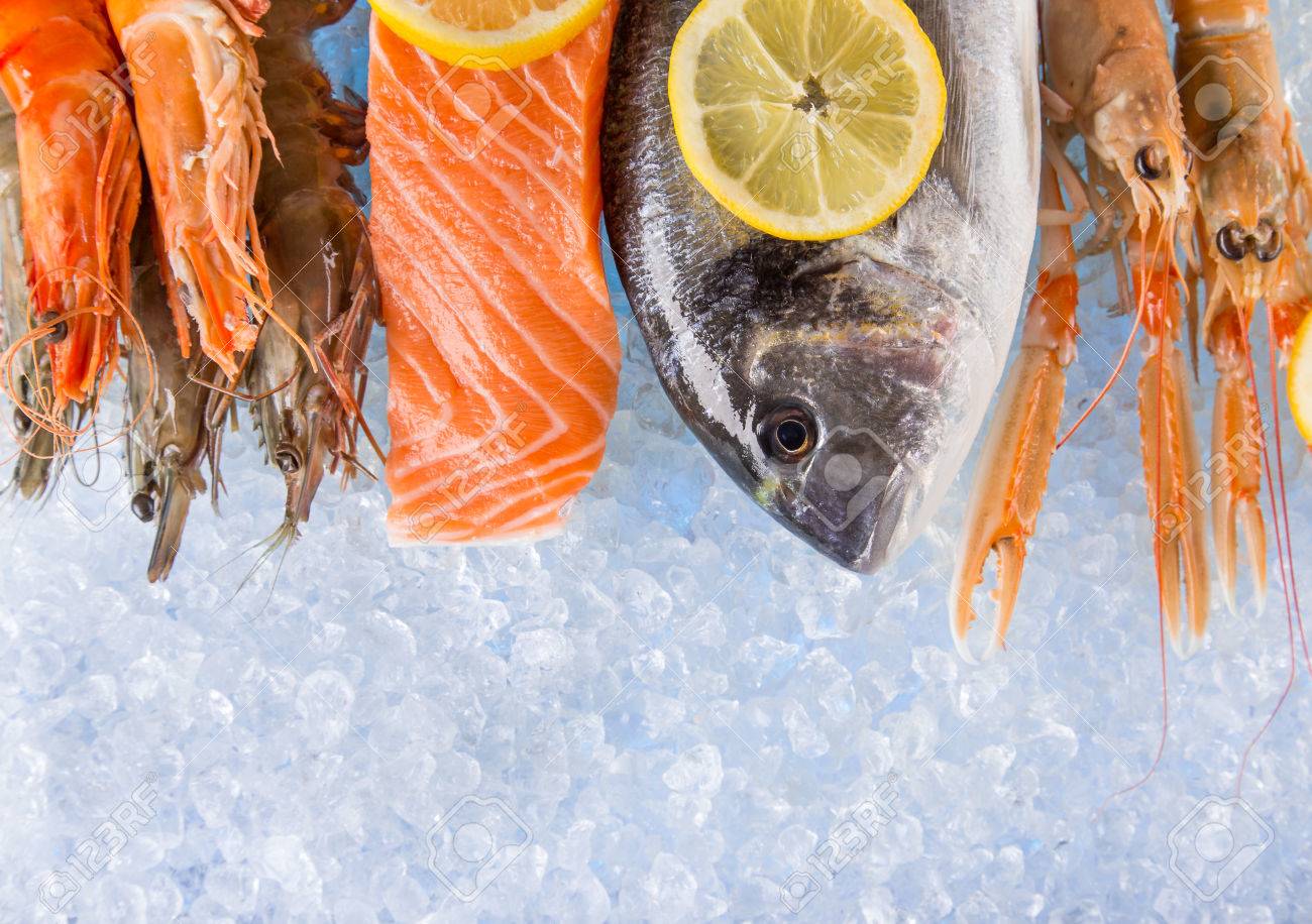 fresh seafood on crushed ice.